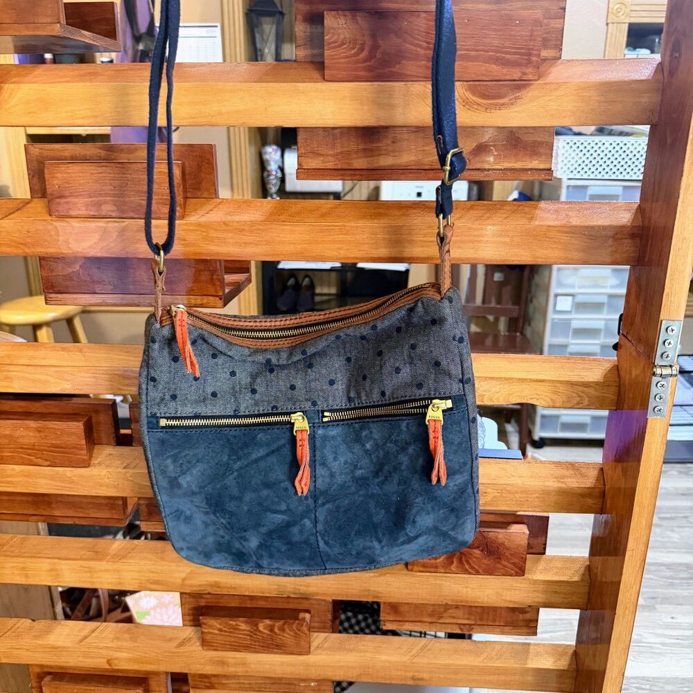 FOSSIL Vintage Blue Polka Dot Denim Suede Crossbody Bag Leather Trim Boho